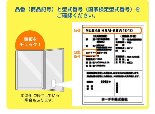 品番(商品記号)と型式番号(国家検定型式番号)をご確認ください 本体側に貼付している場合もあります